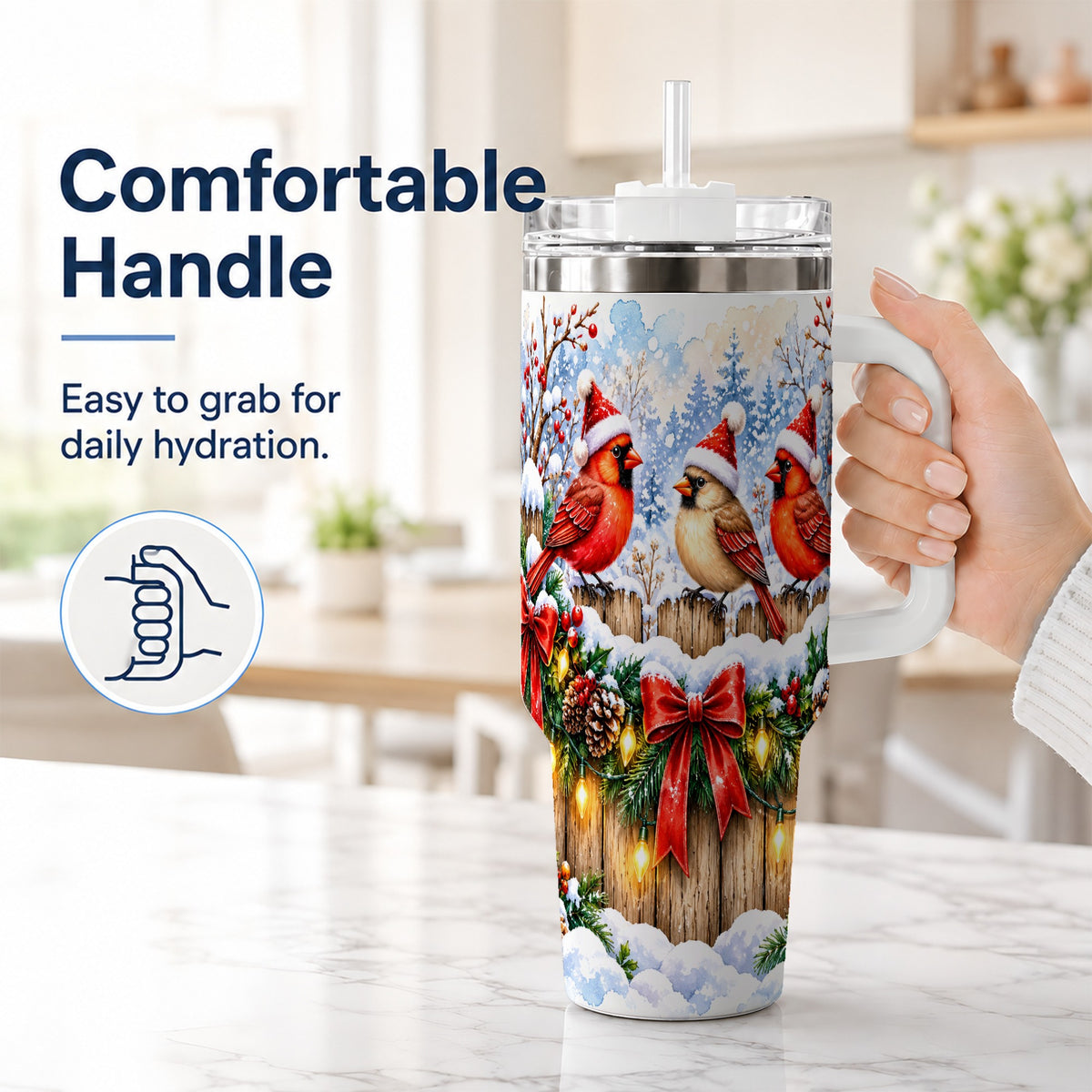 #pl[40oz|White] Christmas Cardinals 40oz Tumbler, Winter Bird Stainless Steel Travel Cup