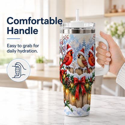 #pl[40oz|White] Christmas Cardinals 40oz Tumbler, Winter Bird Stainless Steel Travel Cup