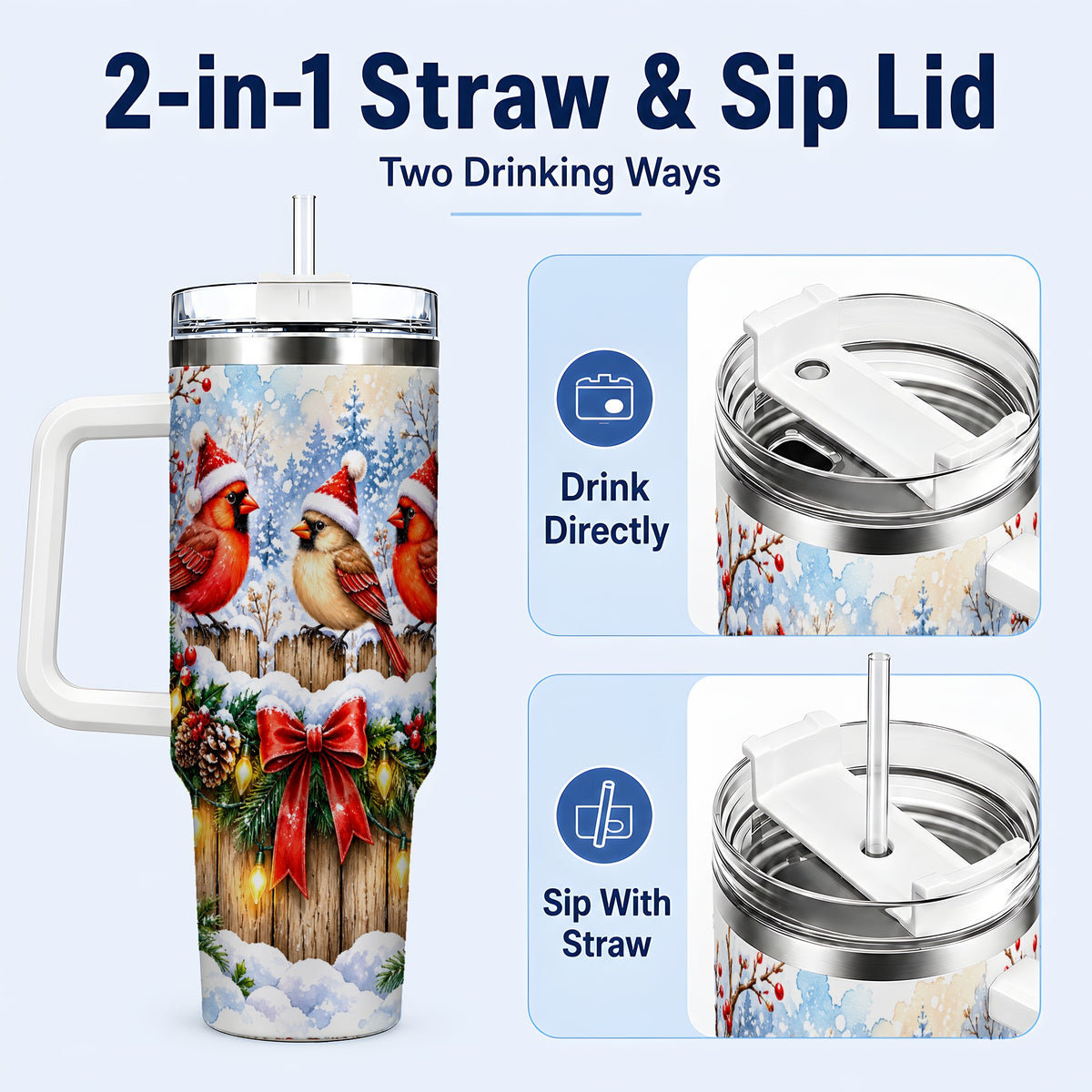 #pl[40oz|White] Christmas Cardinals 40oz Tumbler, Winter Bird Stainless Steel Travel Cup