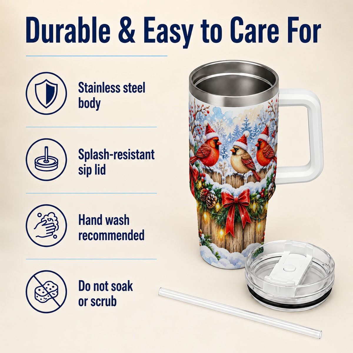 Christmas Cardinals 40oz Tumbler, Winter Bird Stainless Steel Travel Cup