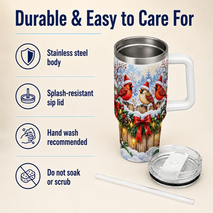 Christmas Cardinals 40oz Tumbler, Winter Bird Stainless Steel Travel Cup