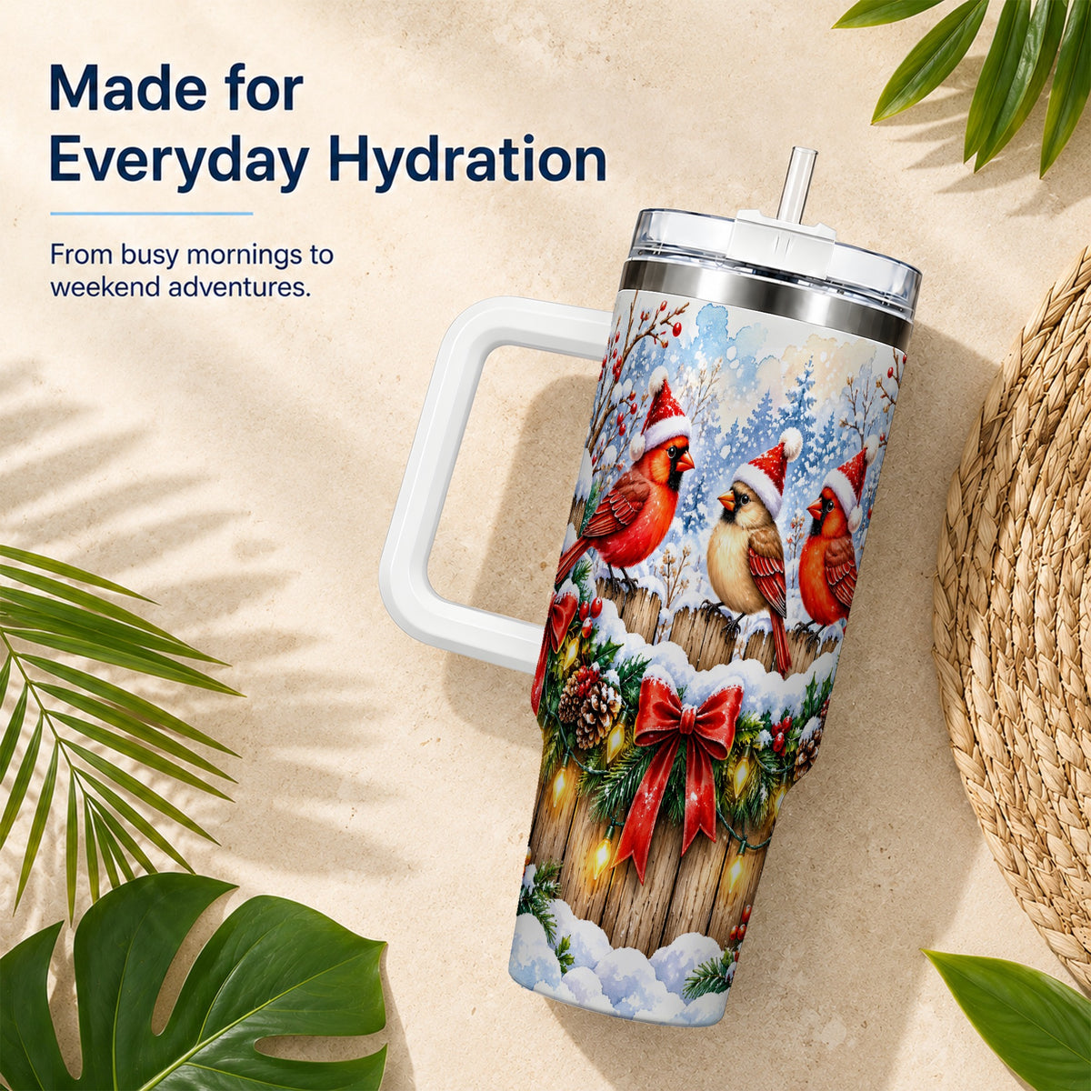 Christmas Cardinals 40oz Tumbler, Winter Bird Stainless Steel Travel Cup