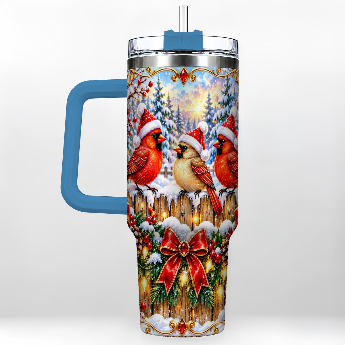 #pl[40oz|Blue] Ornate Cardinals 40oz Tumbler, Christmas Bird Stainless Steel Travel Cup