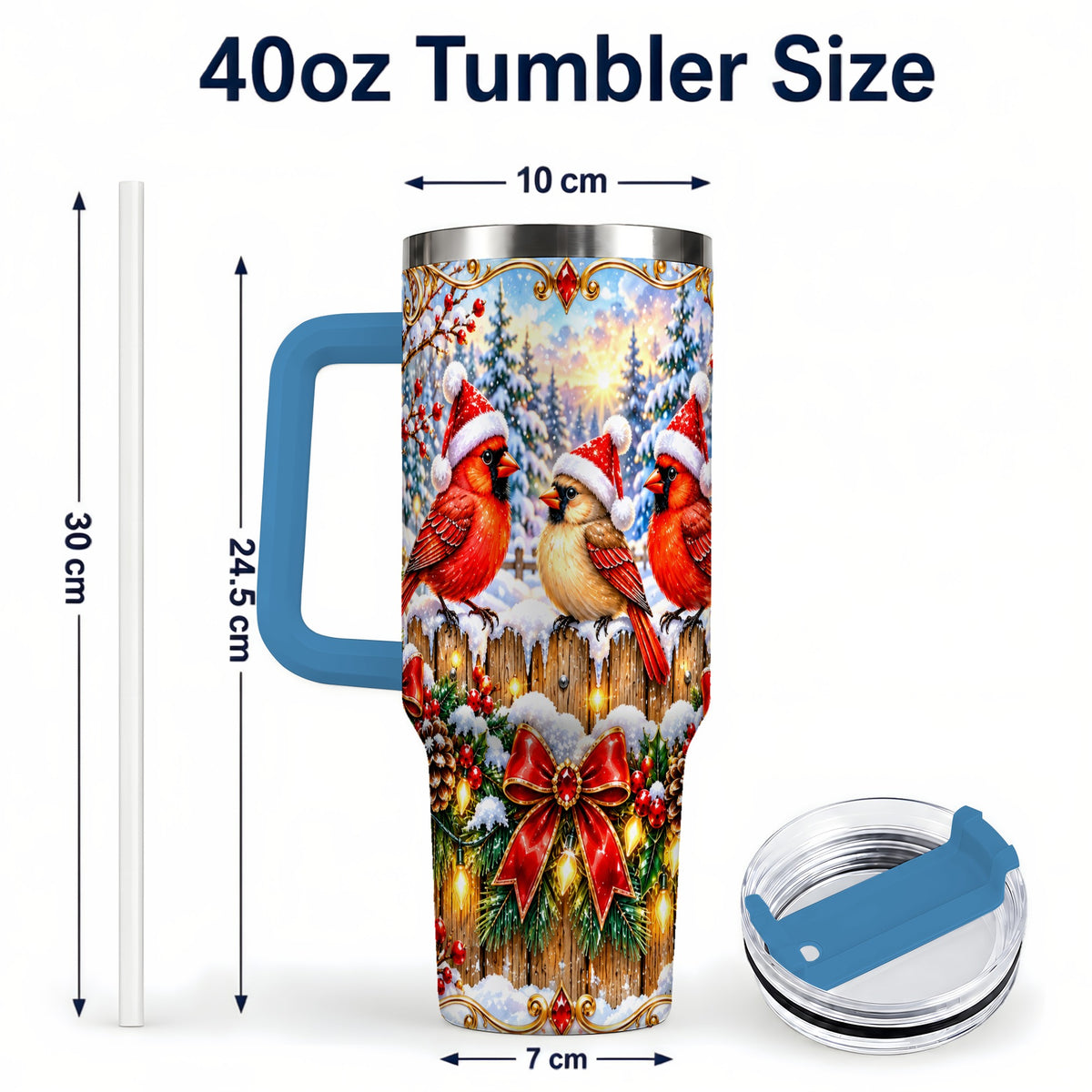 #pl[40oz|Blue] Ornate Cardinals 40oz Tumbler, Christmas Bird Stainless Steel Travel Cup