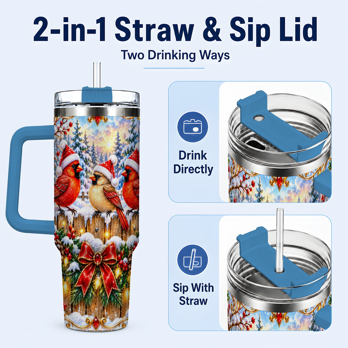 #pl[40oz|Blue] Ornate Cardinals 40oz Tumbler, Christmas Bird Stainless Steel Travel Cup