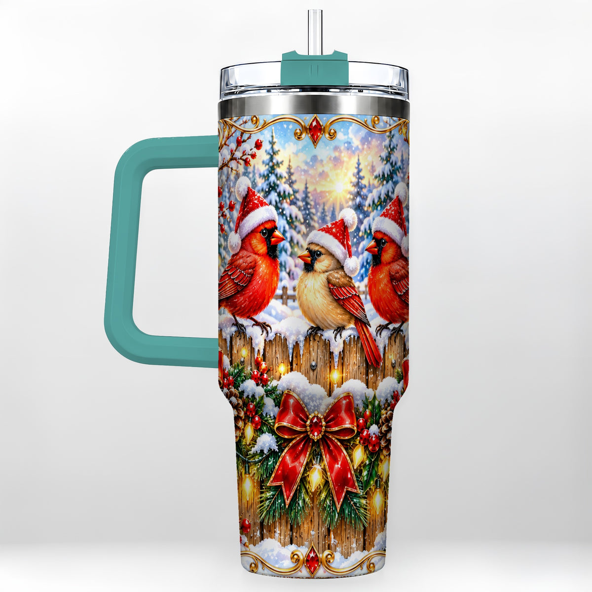 #pl[40oz|Green] Ornate Cardinals 40oz Tumbler, Christmas Bird Stainless Steel Travel Cup