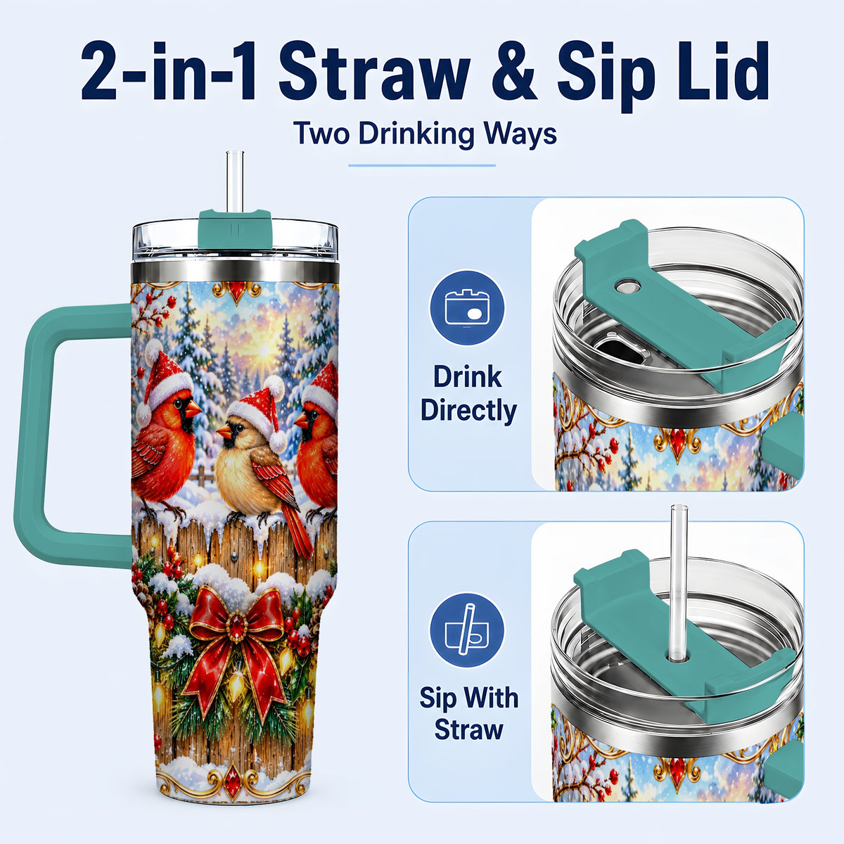 #pl[40oz|Green] Ornate Cardinals 40oz Tumbler, Christmas Bird Stainless Steel Travel Cup