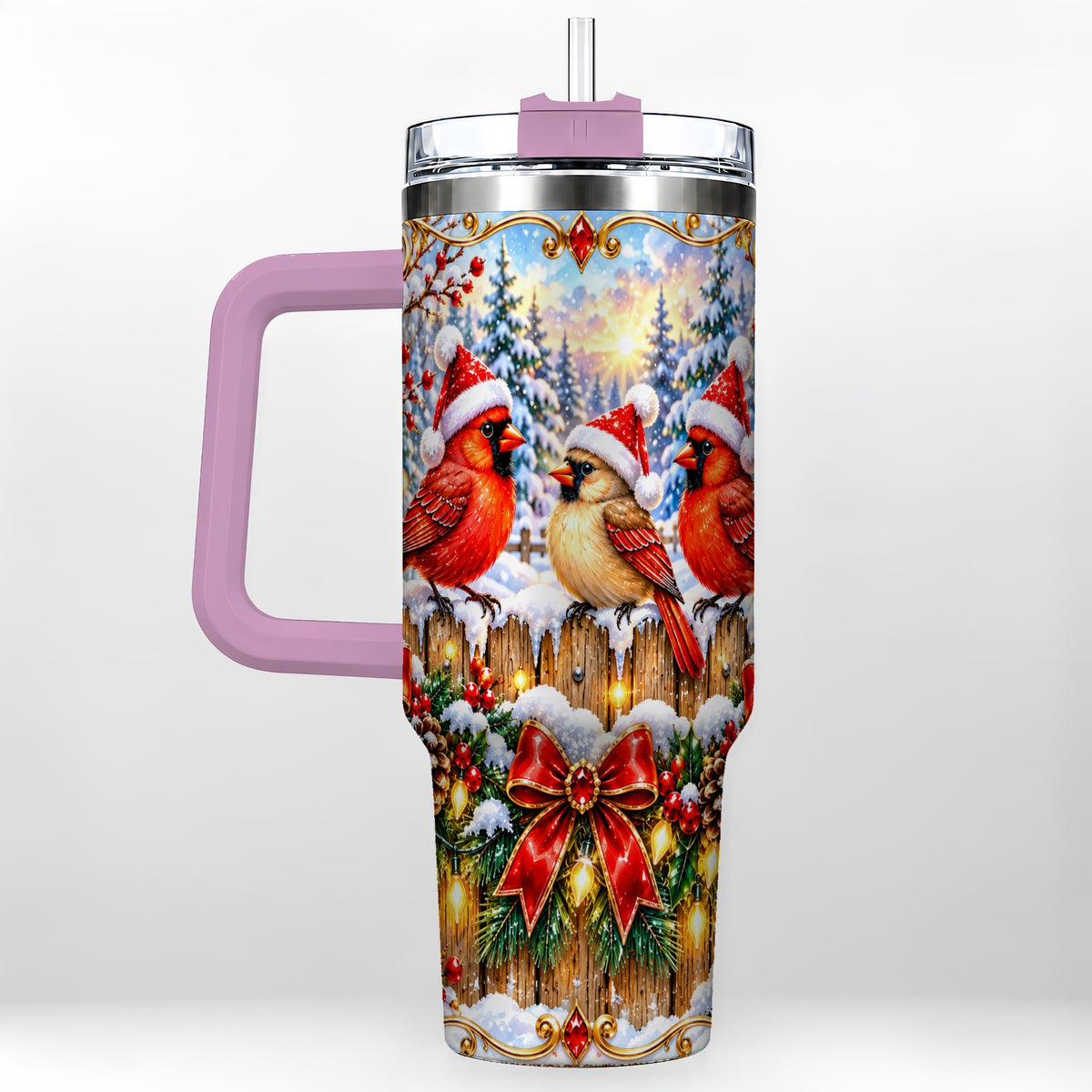 #pl[40oz|Pink] Ornate Cardinals 40oz Tumbler, Christmas Bird Stainless Steel Travel Cup