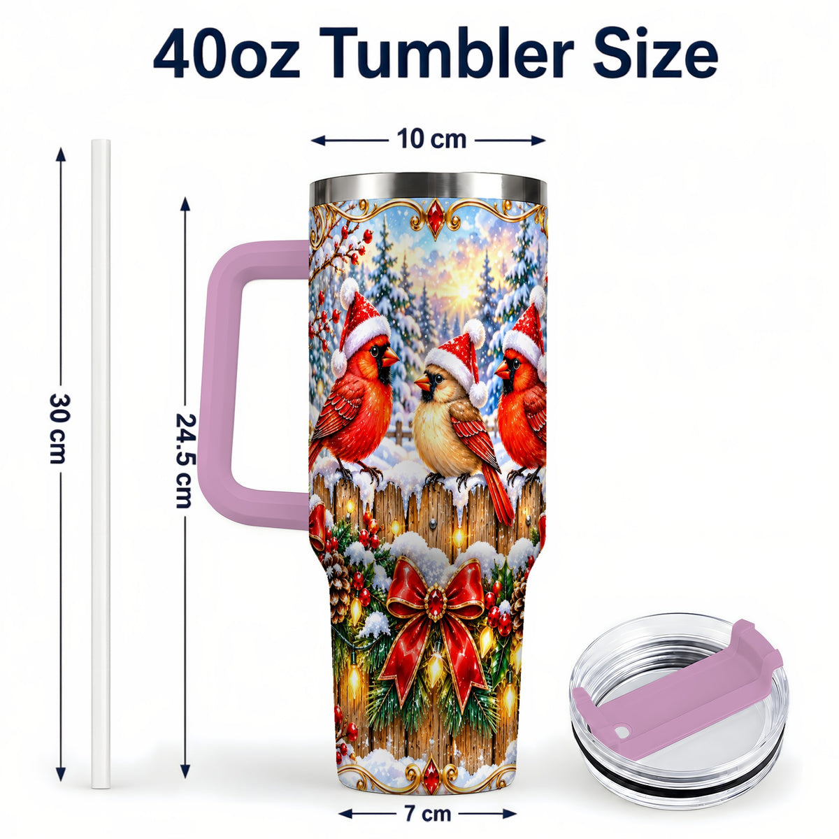 #pl[40oz|Pink] Ornate Cardinals 40oz Tumbler, Christmas Bird Stainless Steel Travel Cup