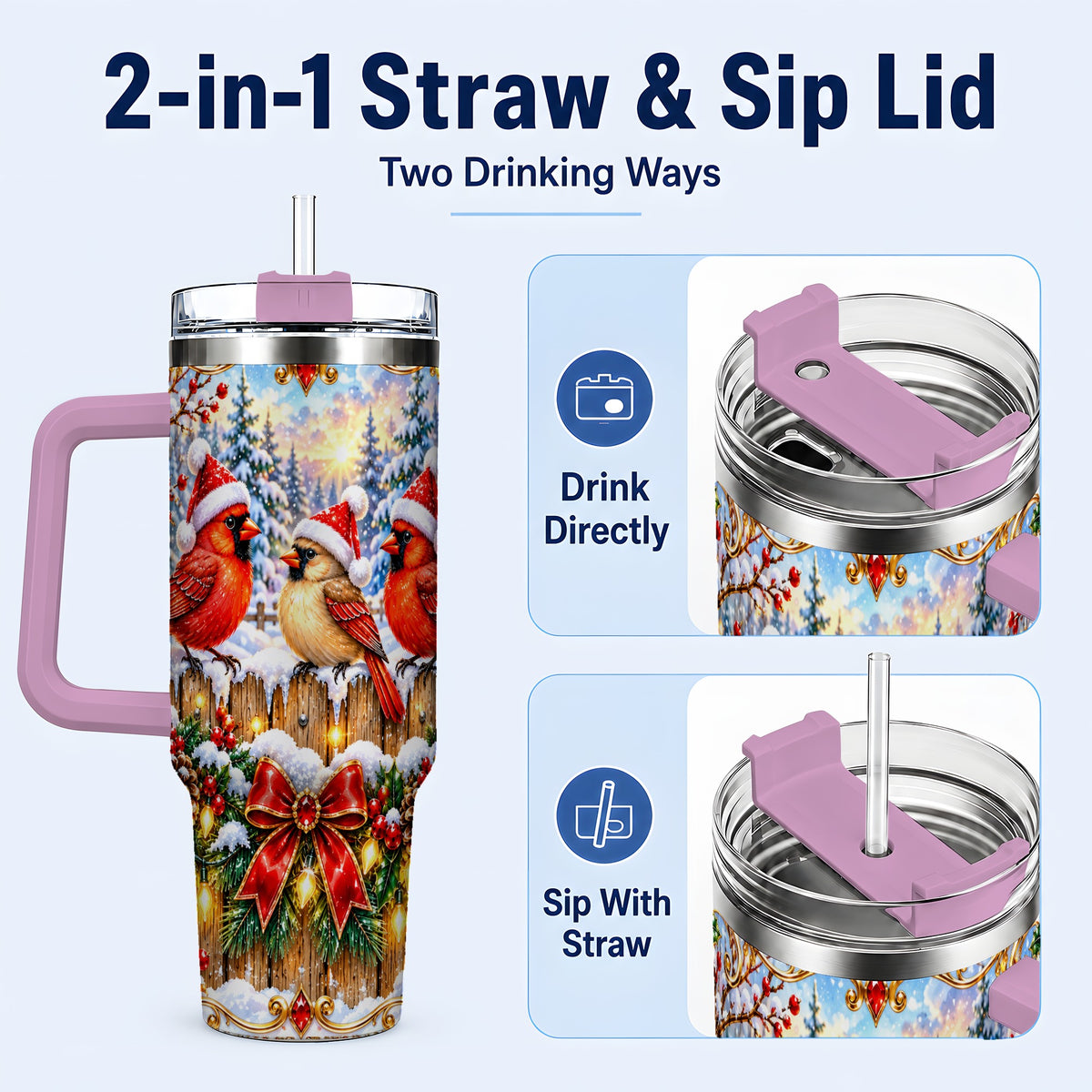 #pl[40oz|Pink] Ornate Cardinals 40oz Tumbler, Christmas Bird Stainless Steel Travel Cup