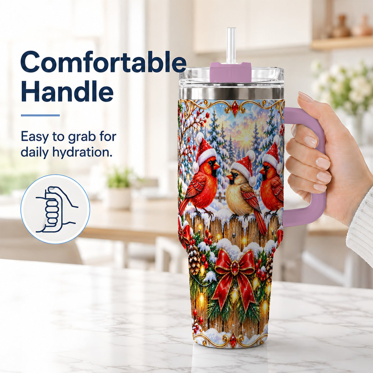 #pl[40oz|Pink] Ornate Cardinals 40oz Tumbler, Christmas Bird Stainless Steel Travel Cup