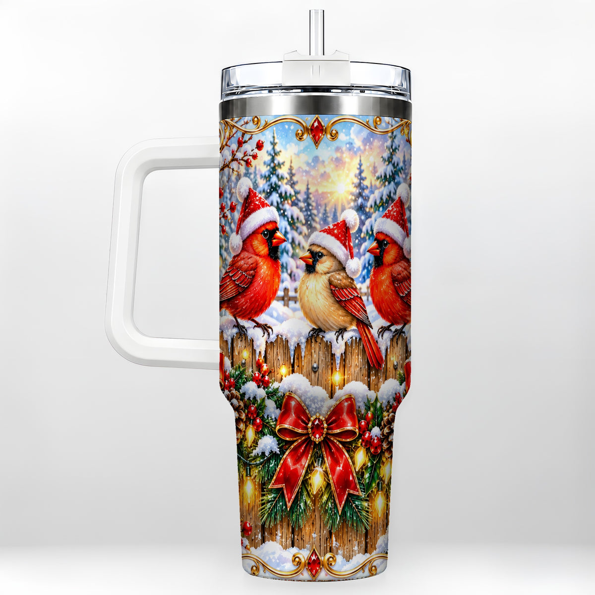 Ornate Cardinals 40oz Tumbler, Christmas Bird Stainless Steel Travel Cup