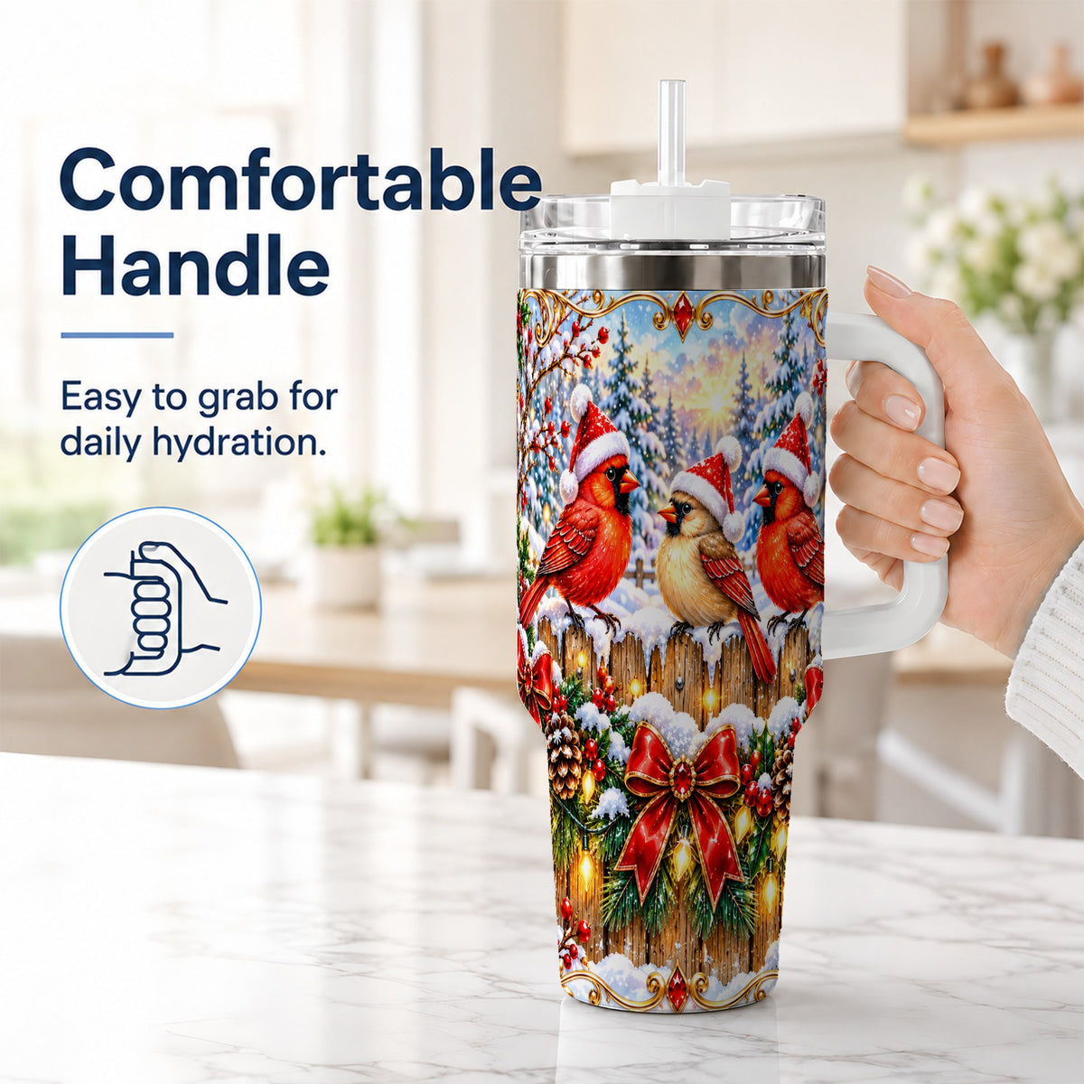 #pl[40oz|White] Ornate Cardinals 40oz Tumbler, Christmas Bird Stainless Steel Travel Cup