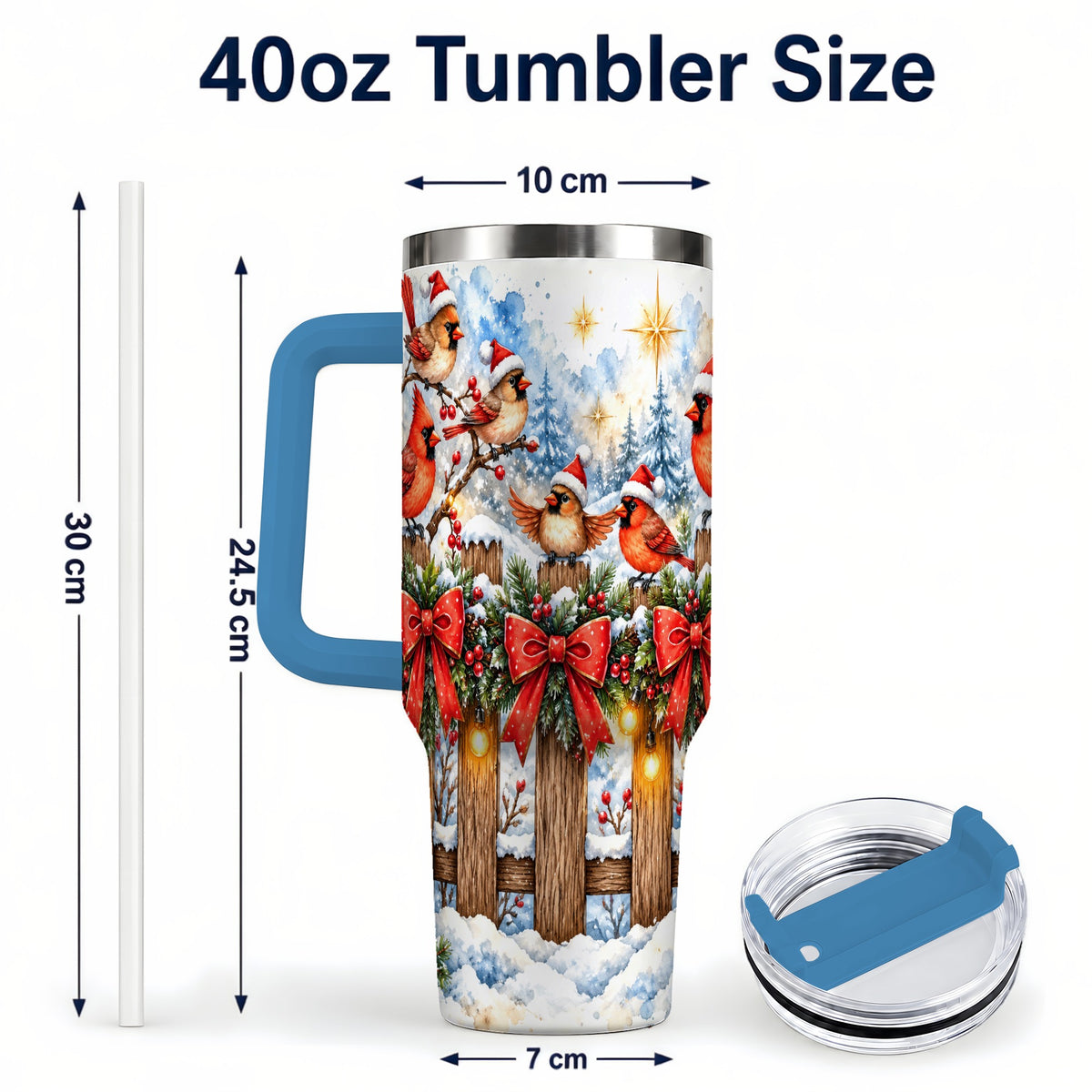 #pl[40oz|Blue] Snowy Cardinals 40oz Tumbler, Christmas Bird Stainless Steel Travel Cup