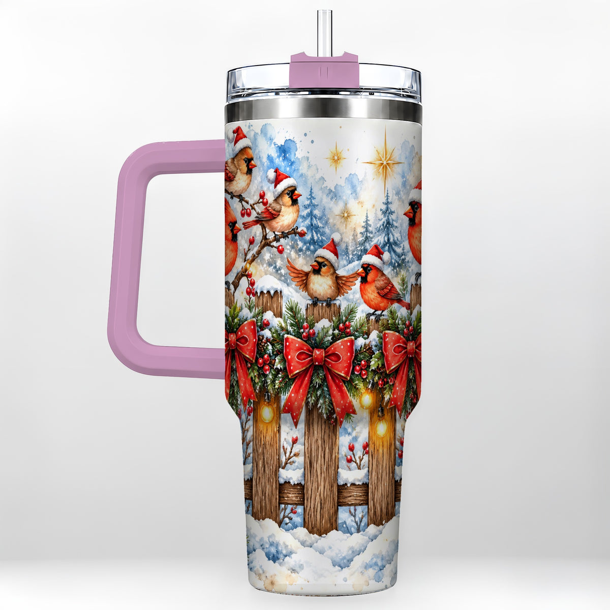 #pl[40oz|Pink] Snowy Cardinals 40oz Tumbler, Christmas Bird Stainless Steel Travel Cup