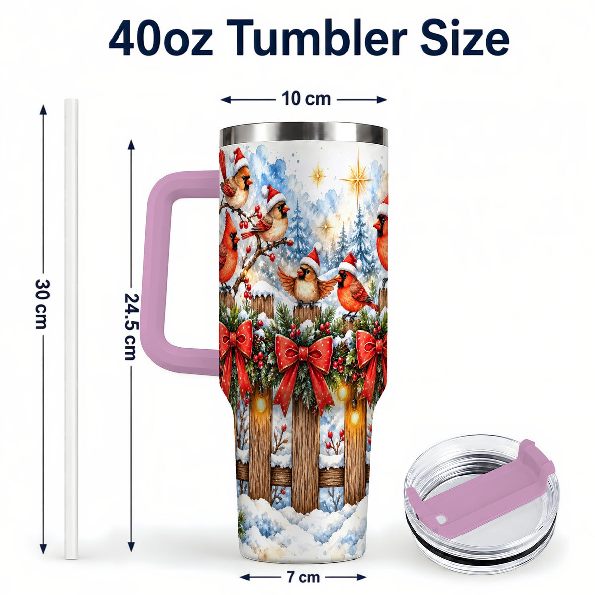 #pl[40oz|Pink] Snowy Cardinals 40oz Tumbler, Christmas Bird Stainless Steel Travel Cup