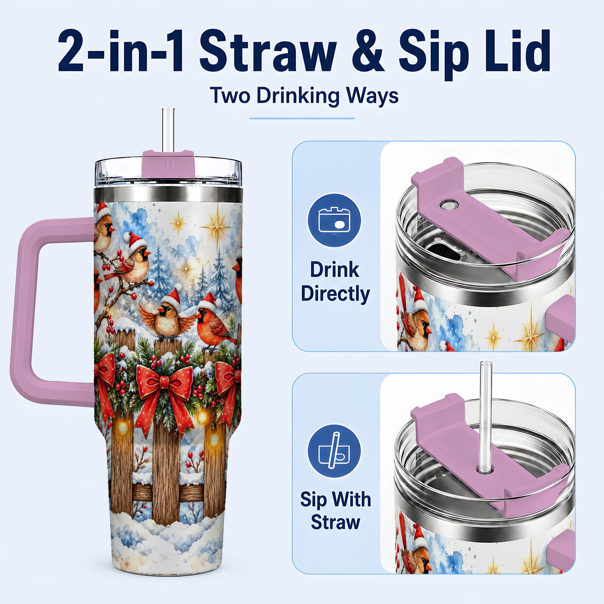 #pl[40oz|Pink] Snowy Cardinals 40oz Tumbler, Christmas Bird Stainless Steel Travel Cup