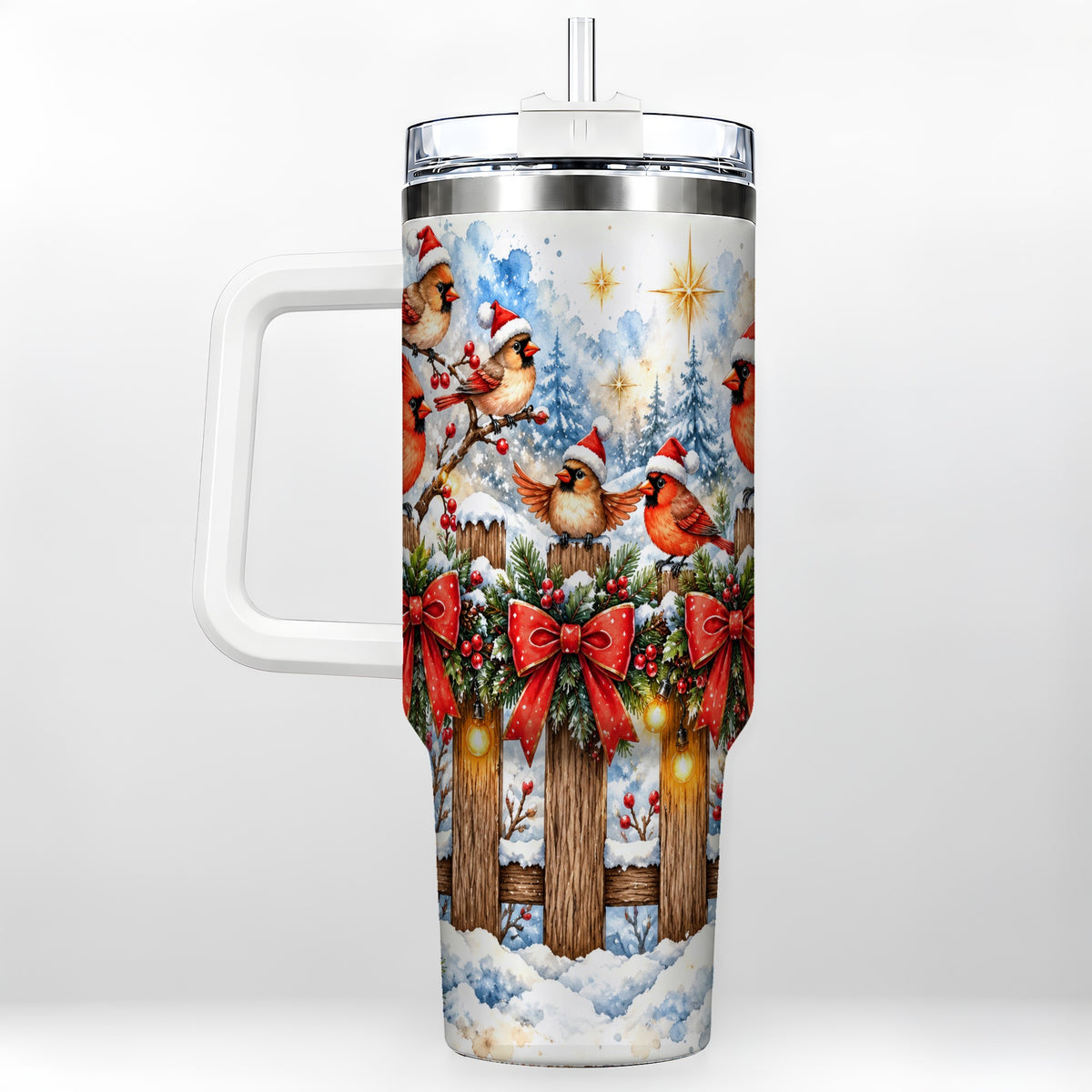 Snowy Cardinals 40oz Tumbler, Christmas Bird Stainless Steel Travel Cup