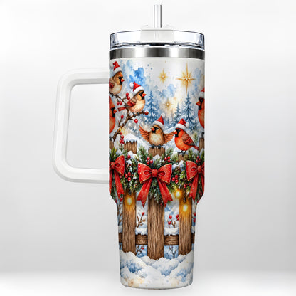Snowy Cardinals 40oz Tumbler, Christmas Bird Stainless Steel Travel Cup