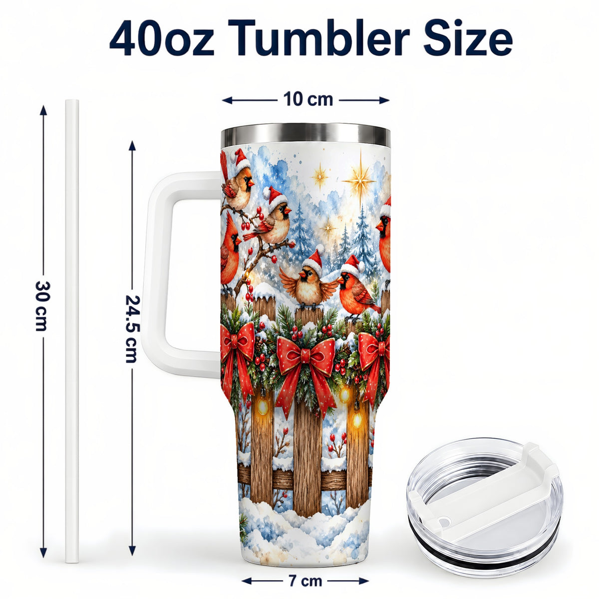#pl[40oz|White] Snowy Cardinals 40oz Tumbler, Christmas Bird Stainless Steel Travel Cup