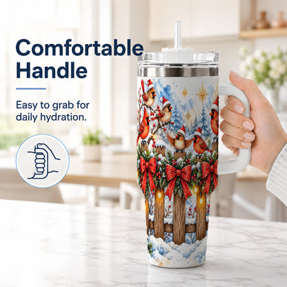#pl[40oz|White] Snowy Cardinals 40oz Tumbler, Christmas Bird Stainless Steel Travel Cup