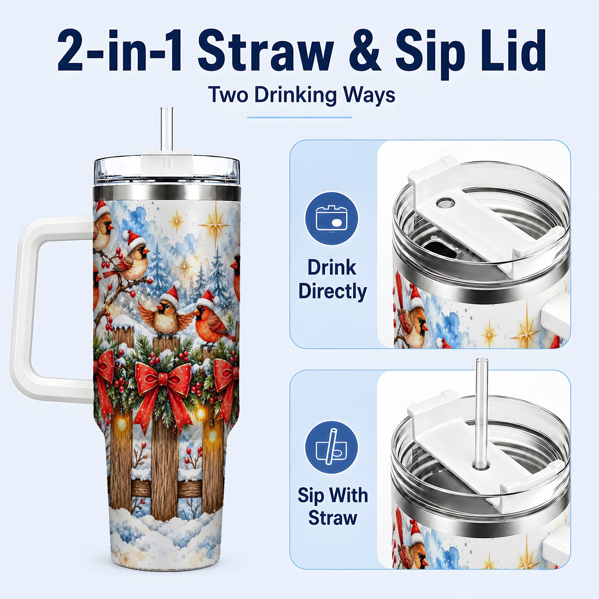#pl[40oz|White] Snowy Cardinals 40oz Tumbler, Christmas Bird Stainless Steel Travel Cup