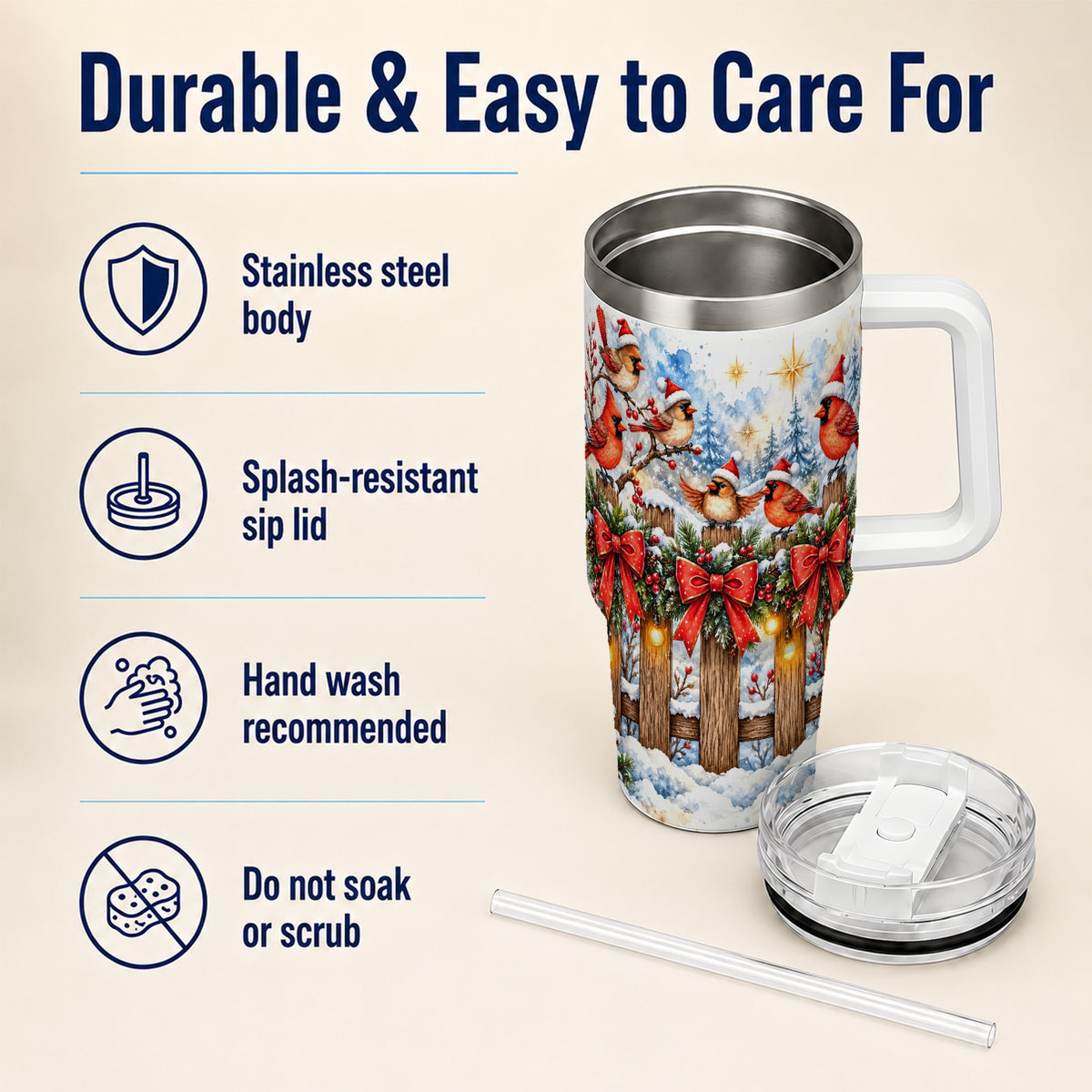 Snowy Cardinals 40oz Tumbler, Christmas Bird Stainless Steel Travel Cup