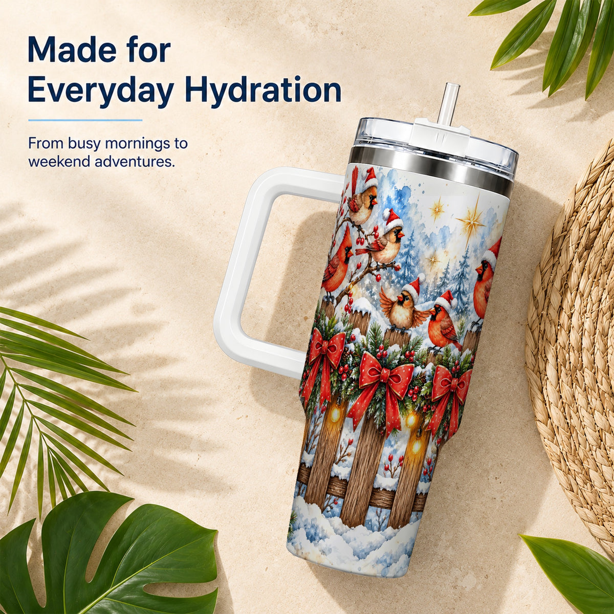 Snowy Cardinals 40oz Tumbler, Christmas Bird Stainless Steel Travel Cup