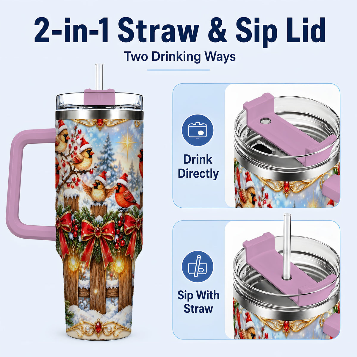 #pl[40oz|Pink] Golden Cardinals 40oz Tumbler, Christmas Bird Stainless Steel Travel Cup