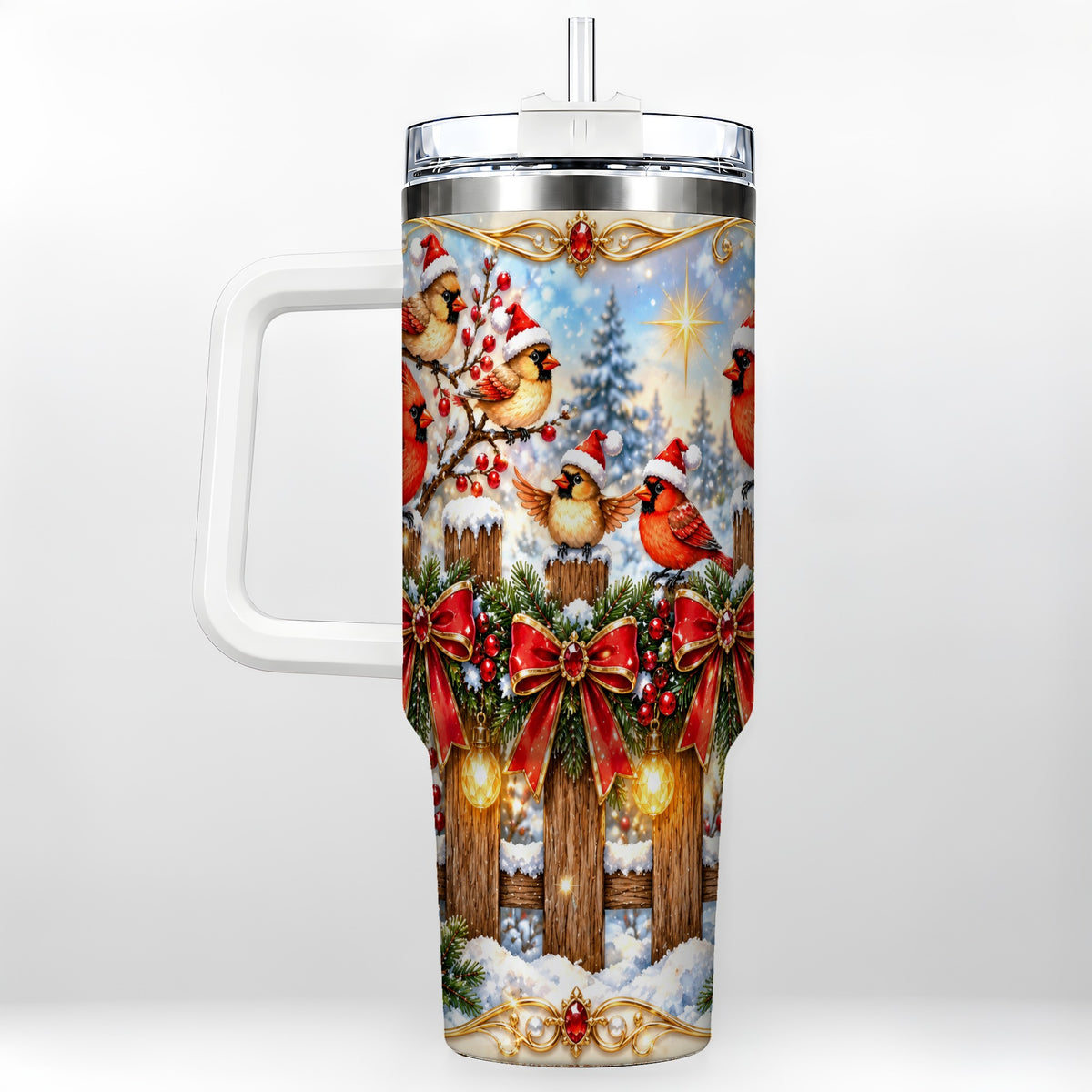Golden Cardinals 40oz Tumbler, Christmas Bird Stainless Steel Travel Cup