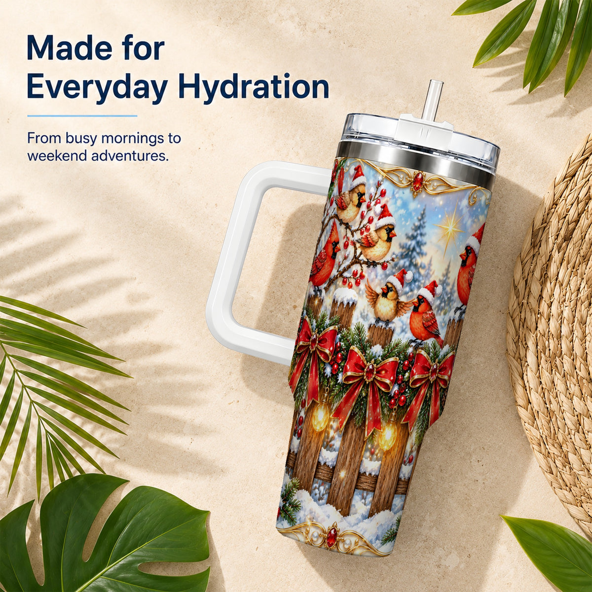 Golden Cardinals 40oz Tumbler, Christmas Bird Stainless Steel Travel Cup
