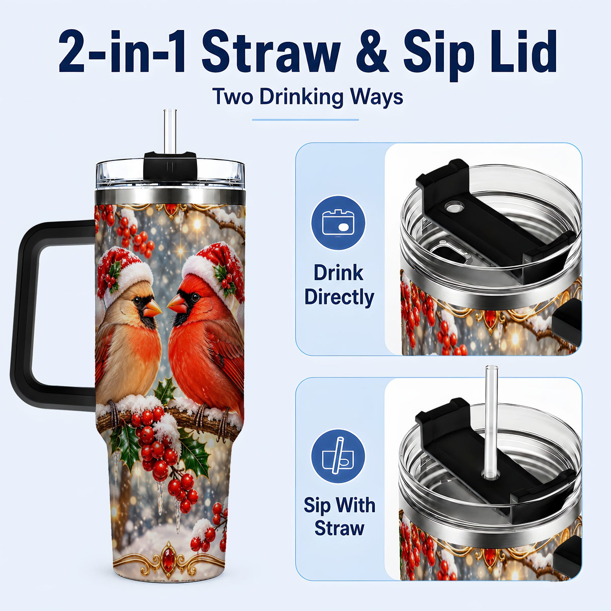 #pl[40oz|Black] Cardinal Pair 40oz Tumbler, Christmas Bird Stainless Steel Travel Cup