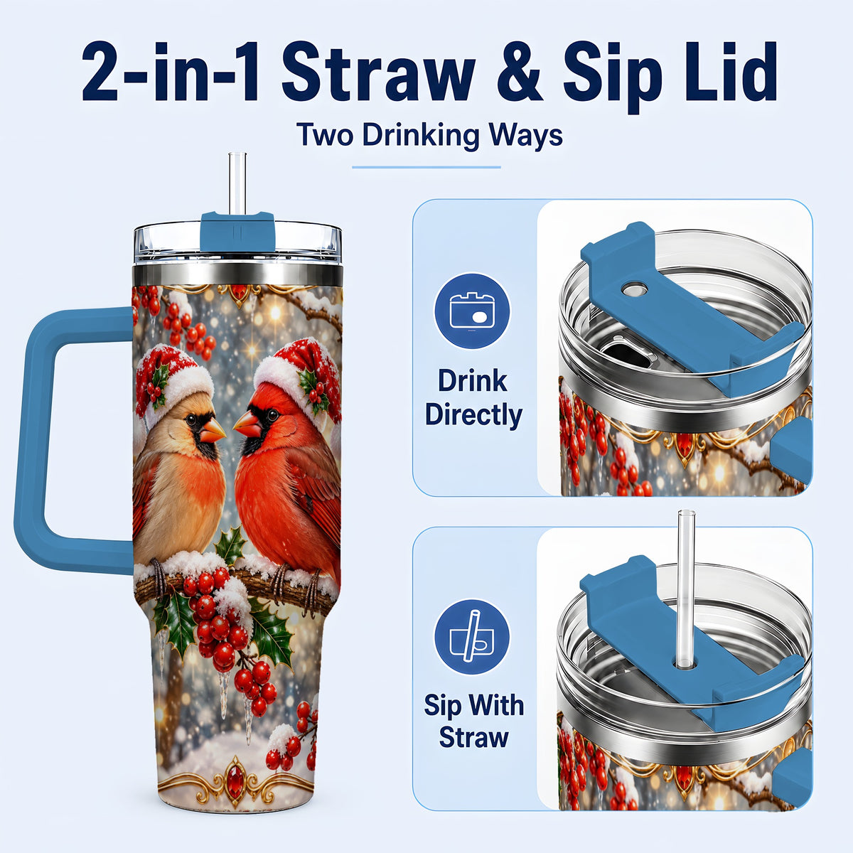 #pl[40oz|Blue] Cardinal Pair 40oz Tumbler, Christmas Bird Stainless Steel Travel Cup