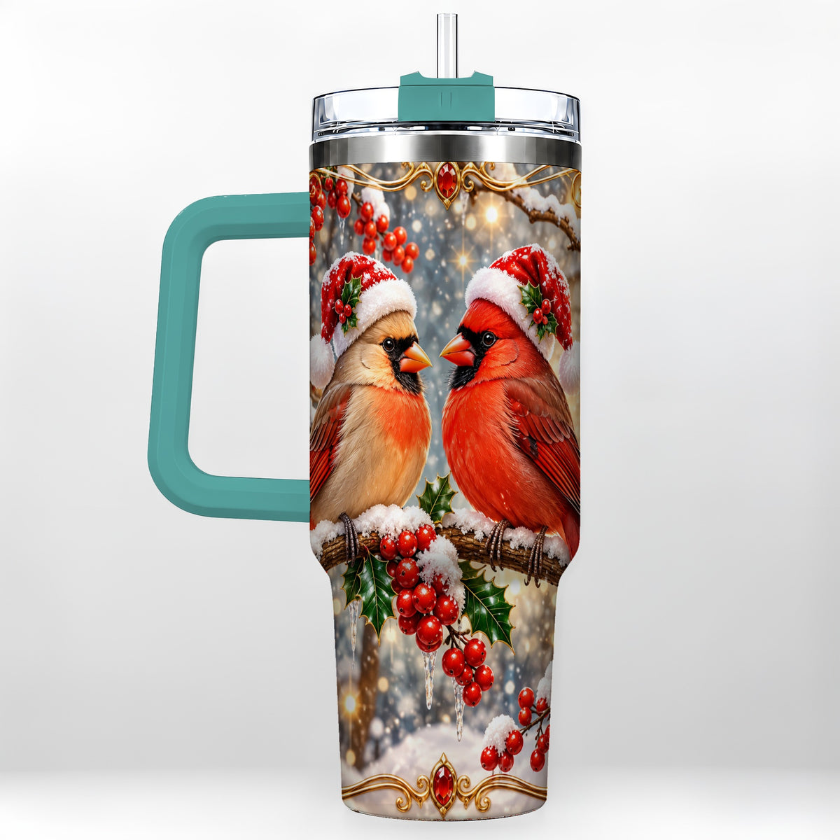 #pl[40oz|Green] Cardinal Pair 40oz Tumbler, Christmas Bird Stainless Steel Travel Cup