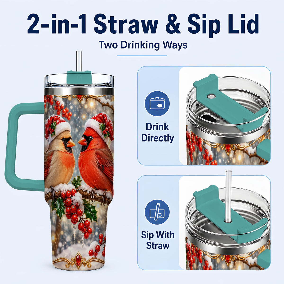 #pl[40oz|Green] Cardinal Pair 40oz Tumbler, Christmas Bird Stainless Steel Travel Cup