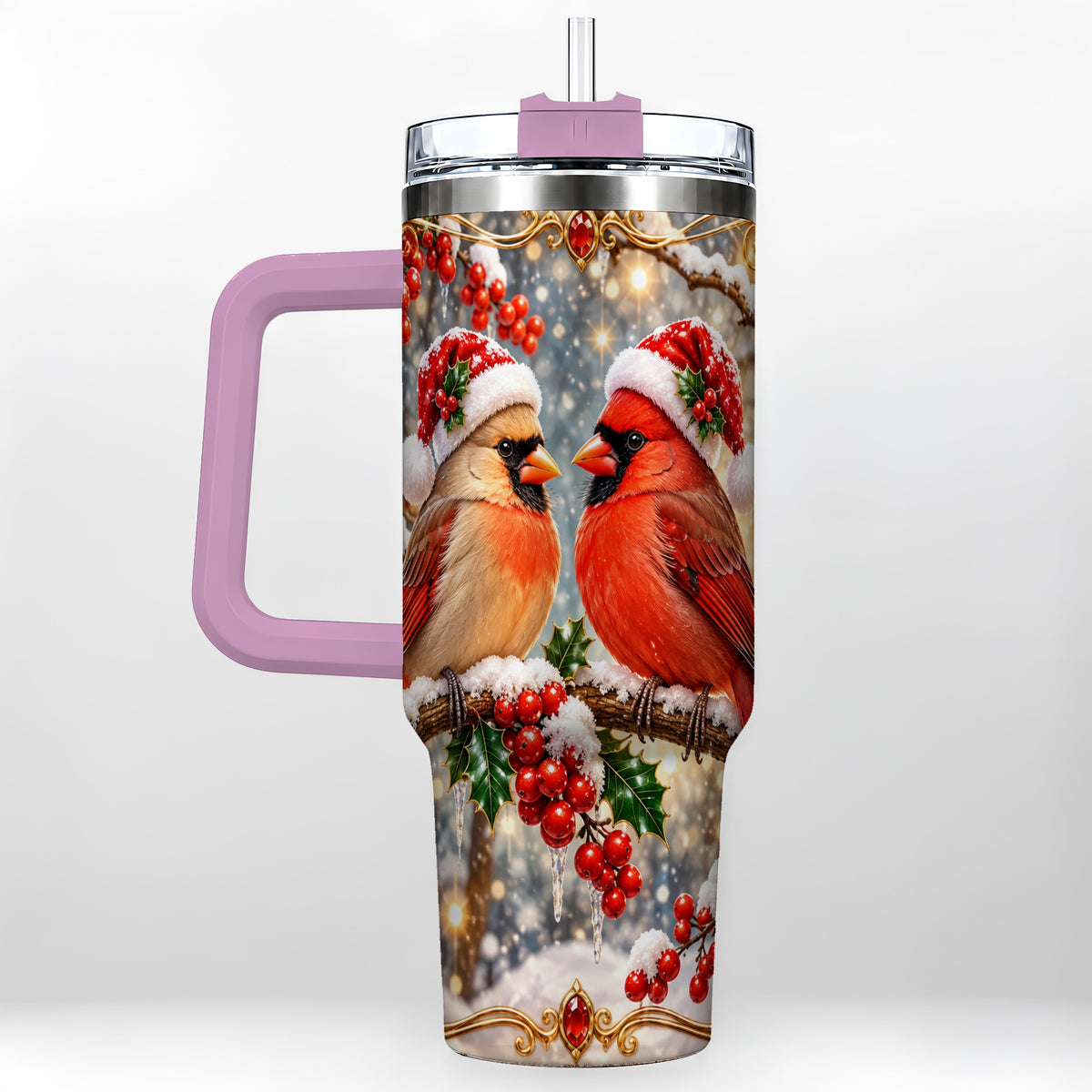 #pl[40oz|Pink] Cardinal Pair 40oz Tumbler, Christmas Bird Stainless Steel Travel Cup