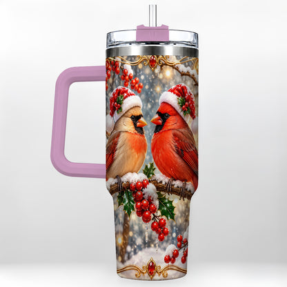 #pl[40oz|Pink] Cardinal Pair 40oz Tumbler, Christmas Bird Stainless Steel Travel Cup