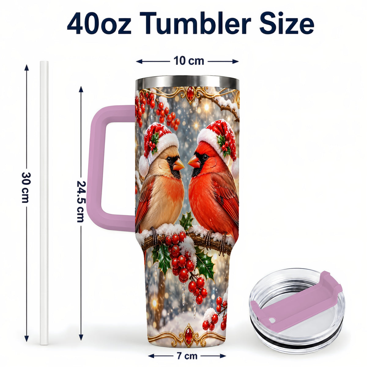 #pl[40oz|Pink] Cardinal Pair 40oz Tumbler, Christmas Bird Stainless Steel Travel Cup
