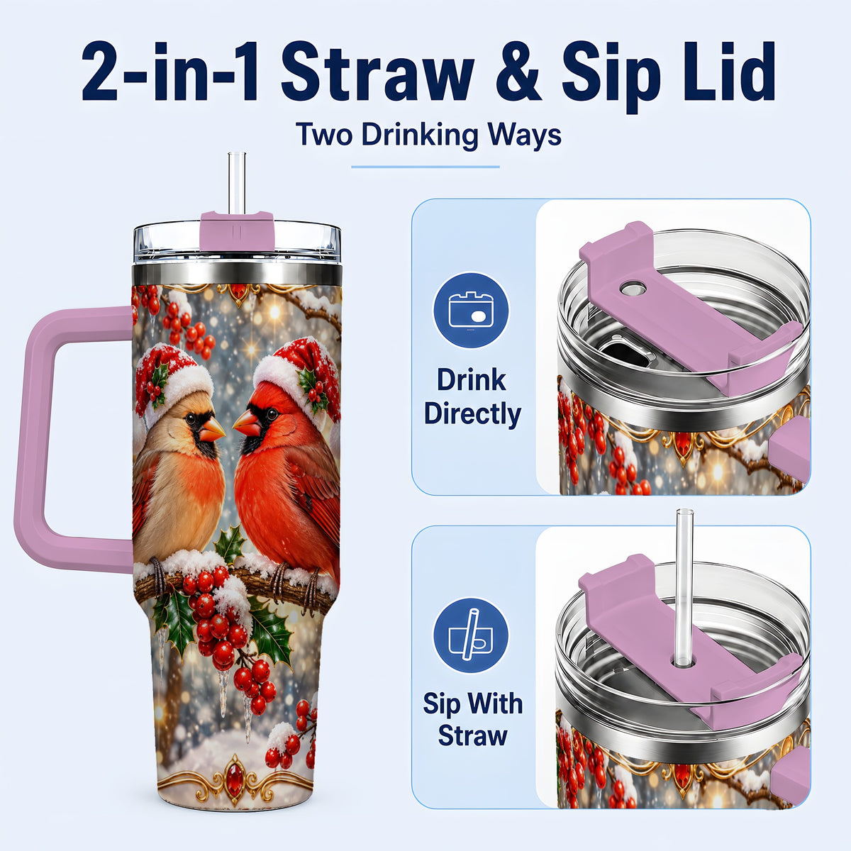#pl[40oz|Pink] Cardinal Pair 40oz Tumbler, Christmas Bird Stainless Steel Travel Cup