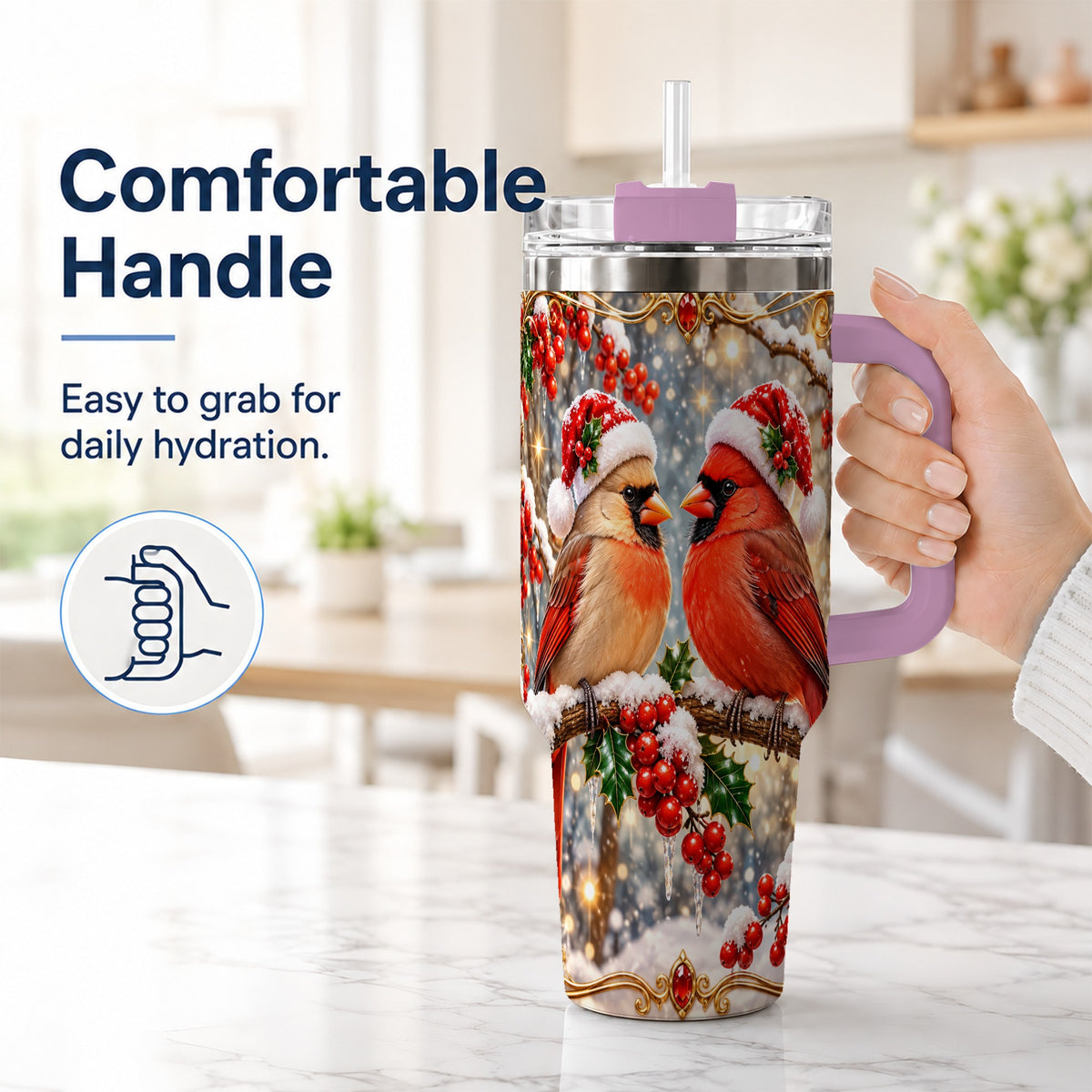 #pl[40oz|Pink] Cardinal Pair 40oz Tumbler, Christmas Bird Stainless Steel Travel Cup