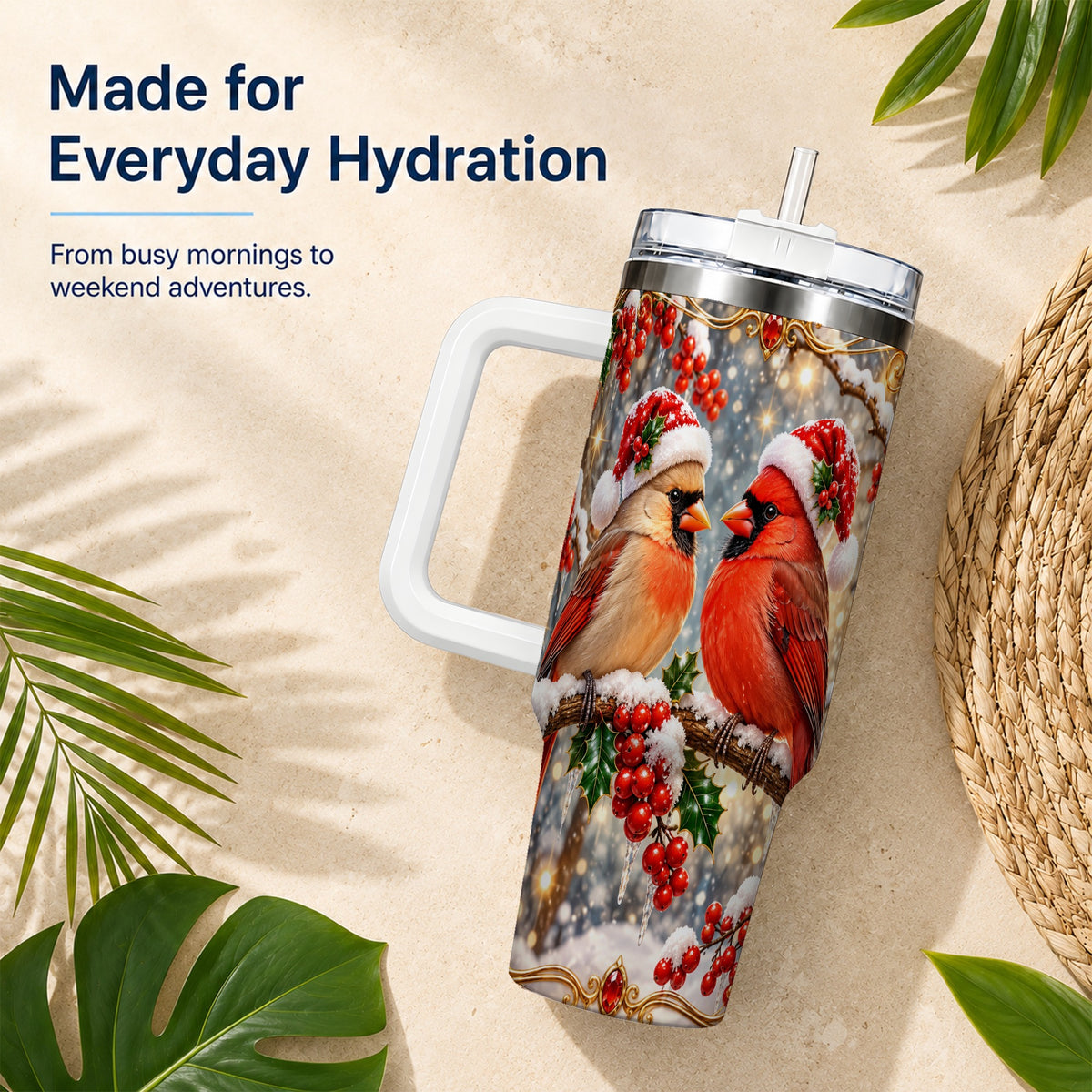 Cardinal Pair 40oz Tumbler, Christmas Bird Stainless Steel Travel Cup