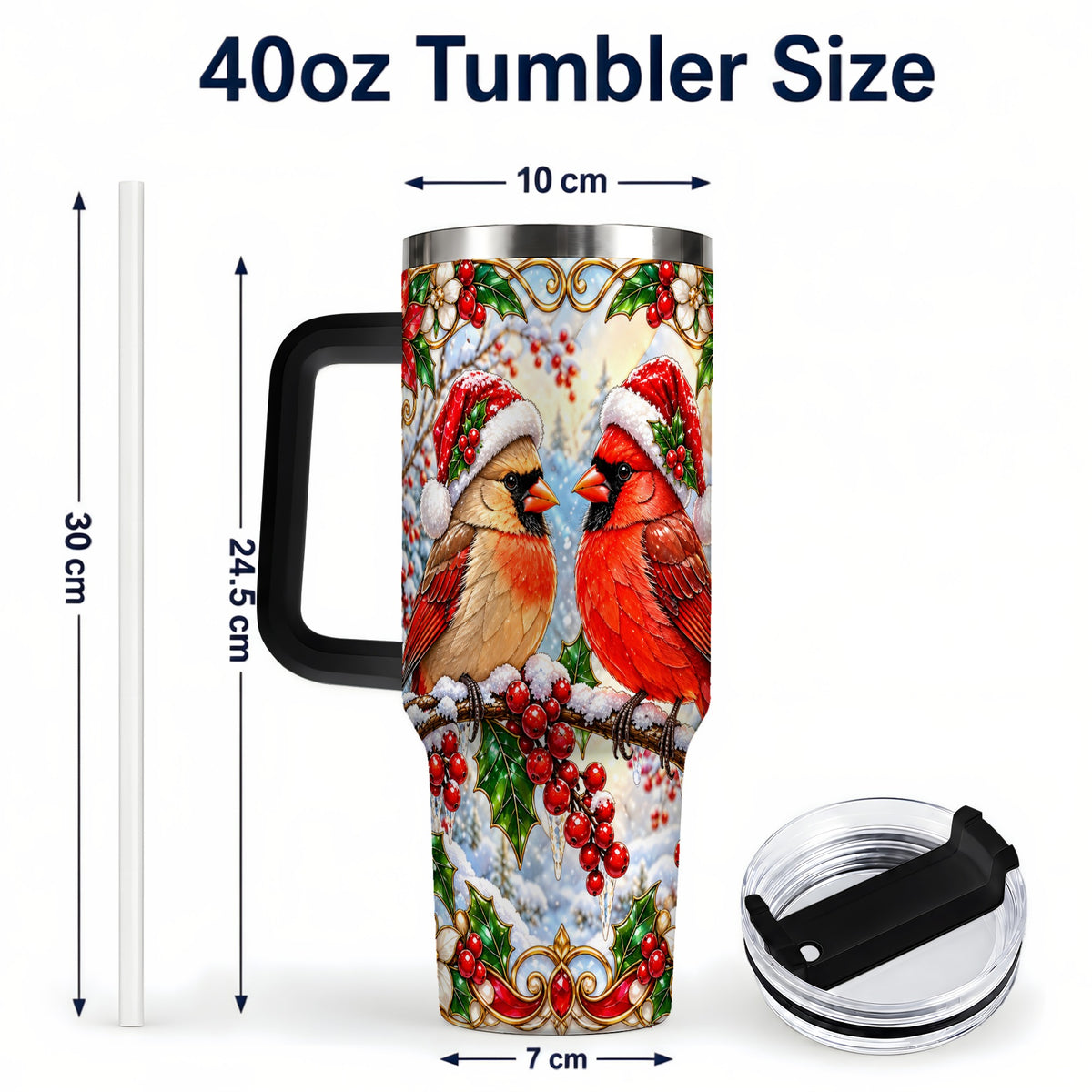 #pl[40oz|Black] Christmas Cardinal 40oz Tumbler with Handle, Winter Bird Travel Cup
