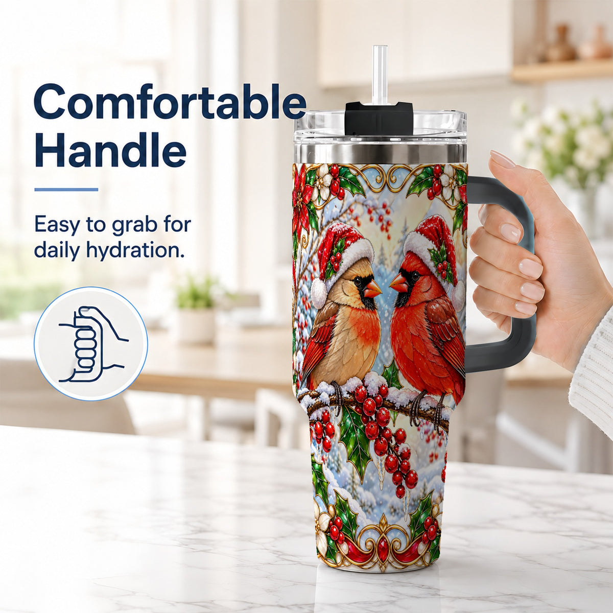 #pl[40oz|Black] Christmas Cardinal 40oz Tumbler with Handle, Winter Bird Travel Cup
