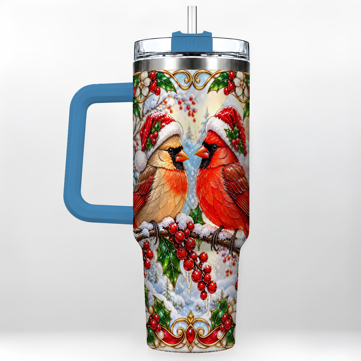 #pl[40oz|Blue] Christmas Cardinal 40oz Tumbler with Handle, Winter Bird Travel Cup