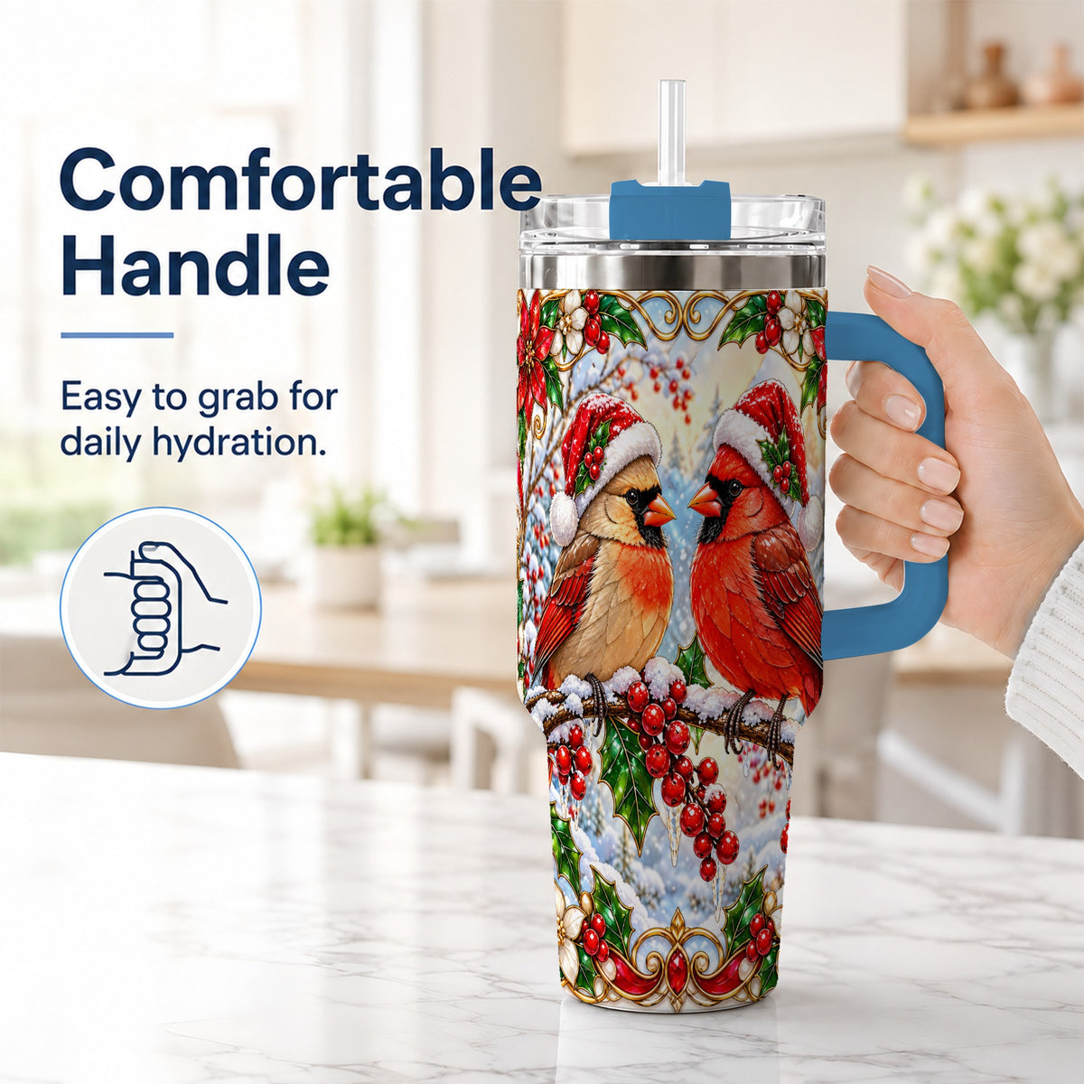 #pl[40oz|Blue] Christmas Cardinal 40oz Tumbler with Handle, Winter Bird Travel Cup