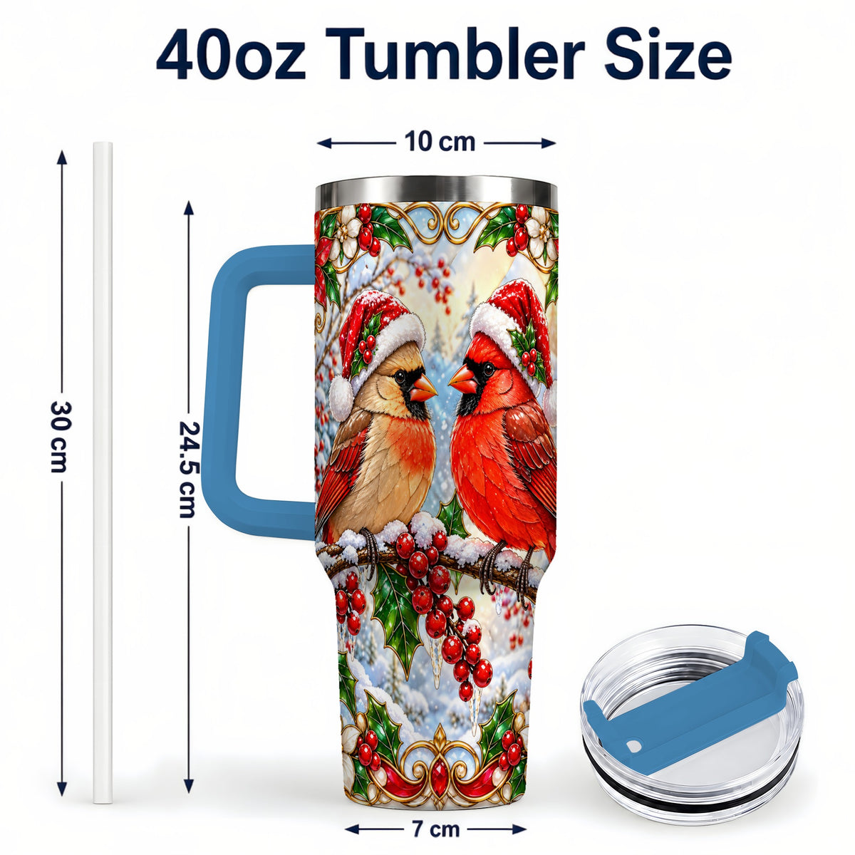 #pl[40oz|Blue] Christmas Cardinal 40oz Tumbler with Handle, Winter Bird Travel Cup