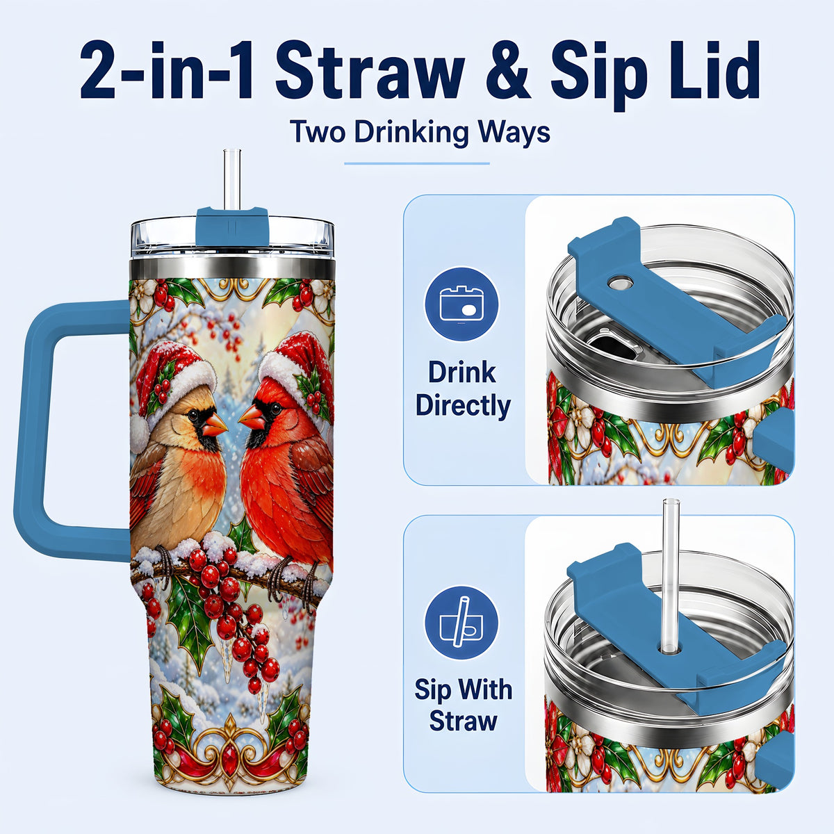 #pl[40oz|Blue] Christmas Cardinal 40oz Tumbler with Handle, Winter Bird Travel Cup