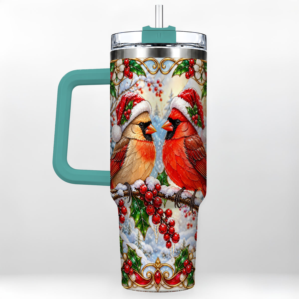 #pl[40oz|Green] Christmas Cardinal 40oz Tumbler with Handle, Winter Bird Travel Cup