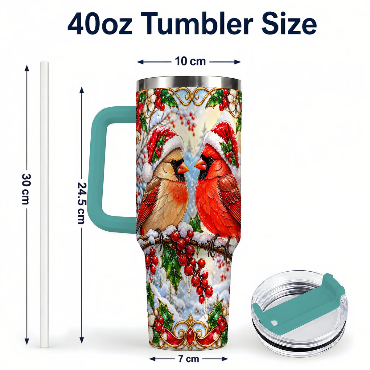 #pl[40oz|Green] Christmas Cardinal 40oz Tumbler with Handle, Winter Bird Travel Cup