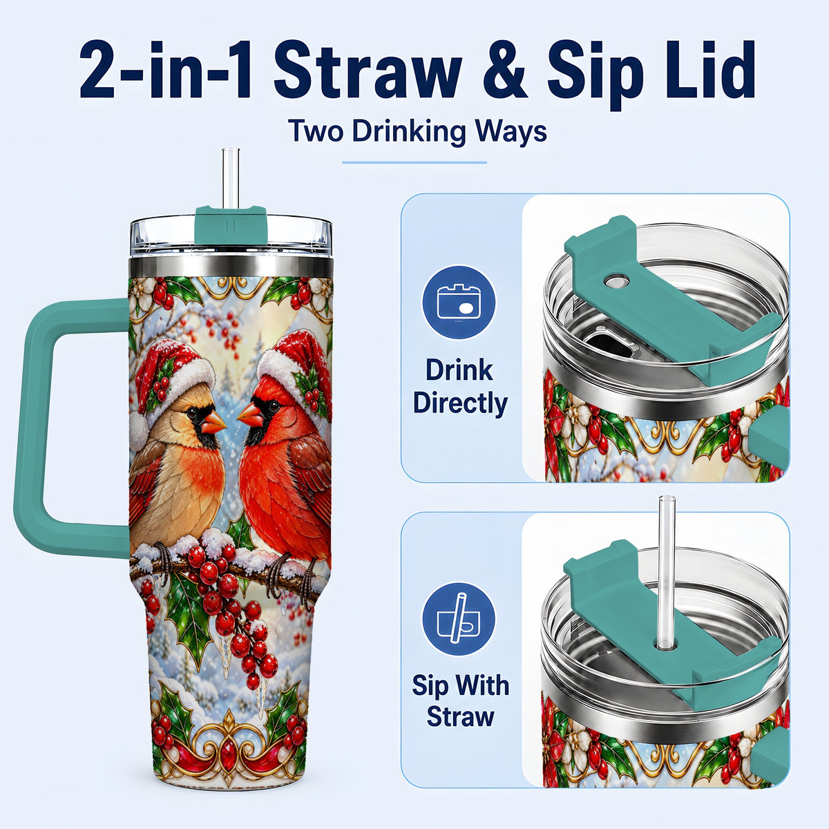 #pl[40oz|Green] Christmas Cardinal 40oz Tumbler with Handle, Winter Bird Travel Cup